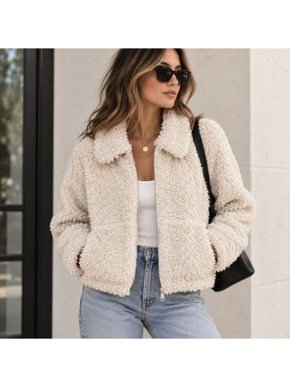 Shaggy Cream Faux Shearling Teddy Jacket Cropped Zip Coat Quiet Luxury Sz S